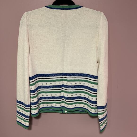 VTG St. John Sport Wool Rayon Zip Cardigan Green Blue Small Rivets Striped - Picture 7 of 9
